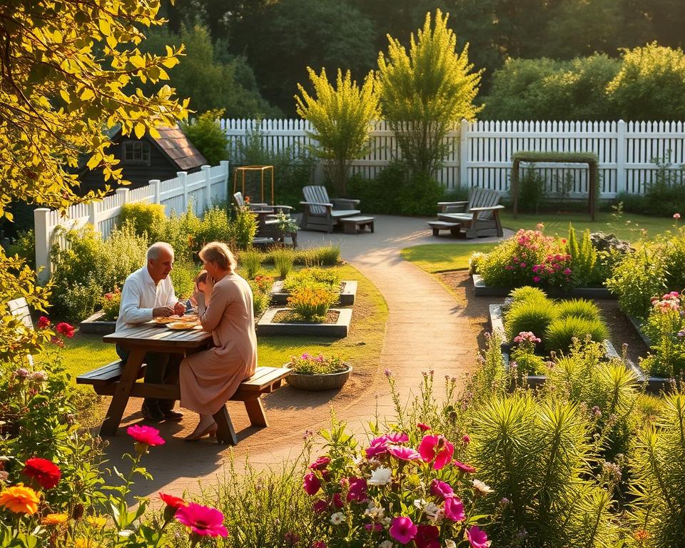 A serene Familiengarten, featuring a vibrant mix of flowers, lush greenery, and well-maintained vegetable patches. In the foreground, a family gathers around a wooden picnic table, dressed in modest casual clothing, enjoying a meal together under the warm glow of soft afternoon sunlight. The middle ground showcases a colorful flower bed with bees and butterflies, while a small path leads to a cozy seating area surrounded by trees. In the background, a white picket fence encapsulates the garden, providing a sense of warmth and security. The scene is bathed in golden hour lighting, casting long shadows and creating a peaceful, inviting atmosphere, perfect for family bonding and outdoor living. The image is captured from a slightly elevated angle to emphasize the garden's layout and details.