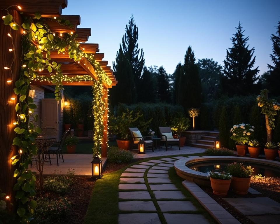 A serene family garden at dusk, featuring ambient outdoor lighting that casts a warm, inviting glow. In the foreground, soft white fairy lights are draped across a rustic wooden pergola, intertwined with climbing vines. In the middle, gently illuminated garden paths made of natural stone lead to a cozy seating area with comfortable chairs, surrounded by potted plants and flowers gracefully illuminated by soft lanterns. In the background, tall trees provide subtle silhouettes against the twilight sky, while soft, diffused lighting highlights a small water feature that adds to the calming atmosphere. The overall mood is tranquil and inviting, perfect for family gatherings and evening relaxation. The scene is shot from a slightly elevated angle, capturing the entire garden layout in a harmonious composition.