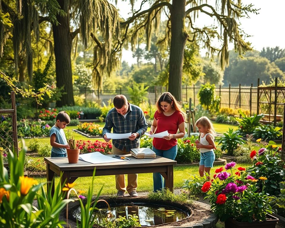 A serene family garden scene, showcasing a diverse family analyzing their gardening needs. In the foreground, a mother and father are discussing plans at a rustic wooden table, surrounded by tools, sketches, and plant samples. Their children, dressed in comfortable casual clothing, explore nearby, examining plants and flowers. The middle ground features a lush garden filled with vibrant flowers, vegetables, and a small pond reflecting the sky. In the background, tall trees frame the garden, with soft dappled sunlight filtering through the leaves, creating a warm and inviting atmosphere. The image captures a harmonious blend of family interaction and nature, with a focus on collaboration and planning in a picturesque garden setting.