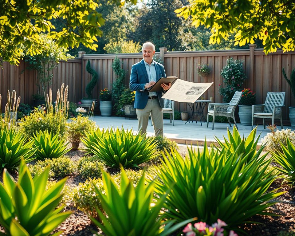 A serene garden analysis scene, focusing on a beautifully organized garden layout. In the foreground, lush green plants and well-maintained flower beds are meticulously arranged, showcasing a variety of textures and colors. In the middle ground, a professional landscape designer is examining garden plans on a clipboard, dressed in smart casual attire, with a gentle smile, as sunlight streams through the trees, casting dappled shadows. The background features a tranquil patio area equipped with comfortable chairs and a small table, surrounded by blooming flowers and a wooden fence. The overall mood is peaceful and inviting, emphasizing careful planning and thoughtful design in the garden, with soft, warm lighting that enhances the natural beauty. The image should be bright and vibrant, without any text or branding elements.