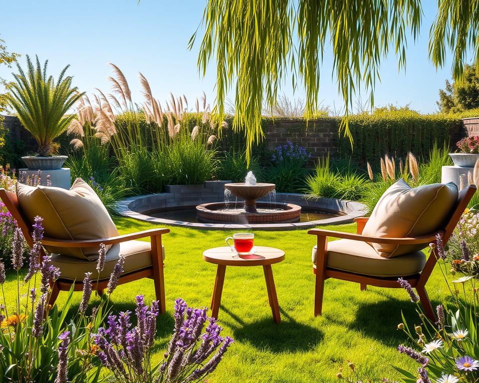 A serene garden retreat showcasing a "Ruhezone Garten". In the foreground, a cozy seating area with two comfortable lounge chairs adorned with soft cushions in earthy tones. A small, round wooden table sits between them, topped with a steaming cup of herbal tea. The middle ground features a lush green lawn bordered by vibrant flowers, including lavender and daisies, creating a calming atmosphere. In the background, a gently flowing water feature adds a tranquil sound, surrounded by tall grasses and soft, swaying willows. Soft golden sunlight filters through the leaves, casting delicate shadows on the ground, evoking a peaceful and inviting mood. The scene is framed by a clear blue sky, enhancing the sense of openness and relaxation.