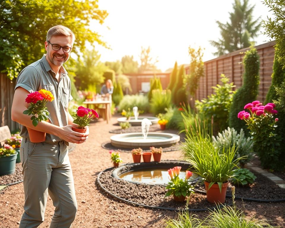 A serene garden scene depicting an ideal "Gartenpflege Routine." In the foreground, a cheerful gardener, dressed in casual yet professional attire, is gently pruning vibrant flowers and arranging potted plants, showcasing minimal effort with maximum aesthetic appeal. In the middle ground, well-maintained garden beds filled with colorful perennials and lush greenery emphasize a low-maintenance design. A small, bubbling water feature adds tranquility, surrounded by neatly mulched pathways. In the background, a sunny sky illuminates the garden, casting soft natural light, creating a warm and inviting atmosphere. Use a shallow depth of field to highlight the gardener’s focused attention while softly blurring the background, enhancing the feeling of peace and productivity in this hassle-free gardening environment.