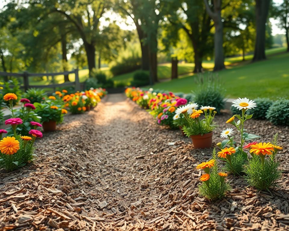 A serene garden scene showcasing mulched flower beds, vibrant with an array of blooming plants like marigolds and daisies, set under a soft golden afternoon light. In the foreground, fresh mulch made from organic materials like wood chips and straw covers the soil, providing a neat and nourishing layer. The middle ground features a tidy pathway leading through the garden, bordered by lush greenery and potted herbs, such as basil and thyme. In the background, a gentle slope leads to a row of tall trees with dappled sunlight filtering through their leaves, casting playful shadows. The mood is peaceful and inviting, emphasizing a well-maintained outdoor oasis that showcases the benefits of mulching for easier gardening care.