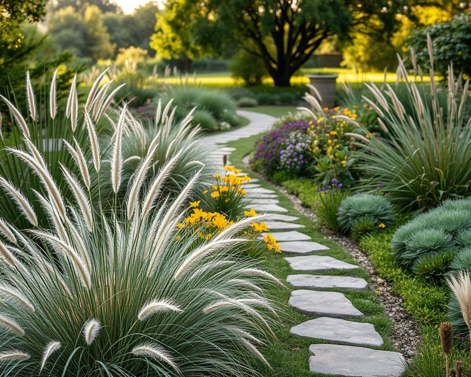 A serene, low-maintenance green space featuring a diverse array of ornamental grasses, drought-resistant plants, and cheerful wildflowers. In the foreground, clusters of soft, feathery grasses sway gently in the breeze, alongside patches of vibrant yellow and purple blooms. The middle ground showcases a gently curving path paved with natural stones, inviting exploration through the lush landscape. In the background, a softly lit, naturalistic setting emerges, with trees providing dappled shade. The scene is bathed in warm, golden hour sunlight, casting long shadows that create a tranquil and inviting atmosphere. Capture this image from a slightly elevated angle to emphasize the layers of greenery and the inviting path through the garden.