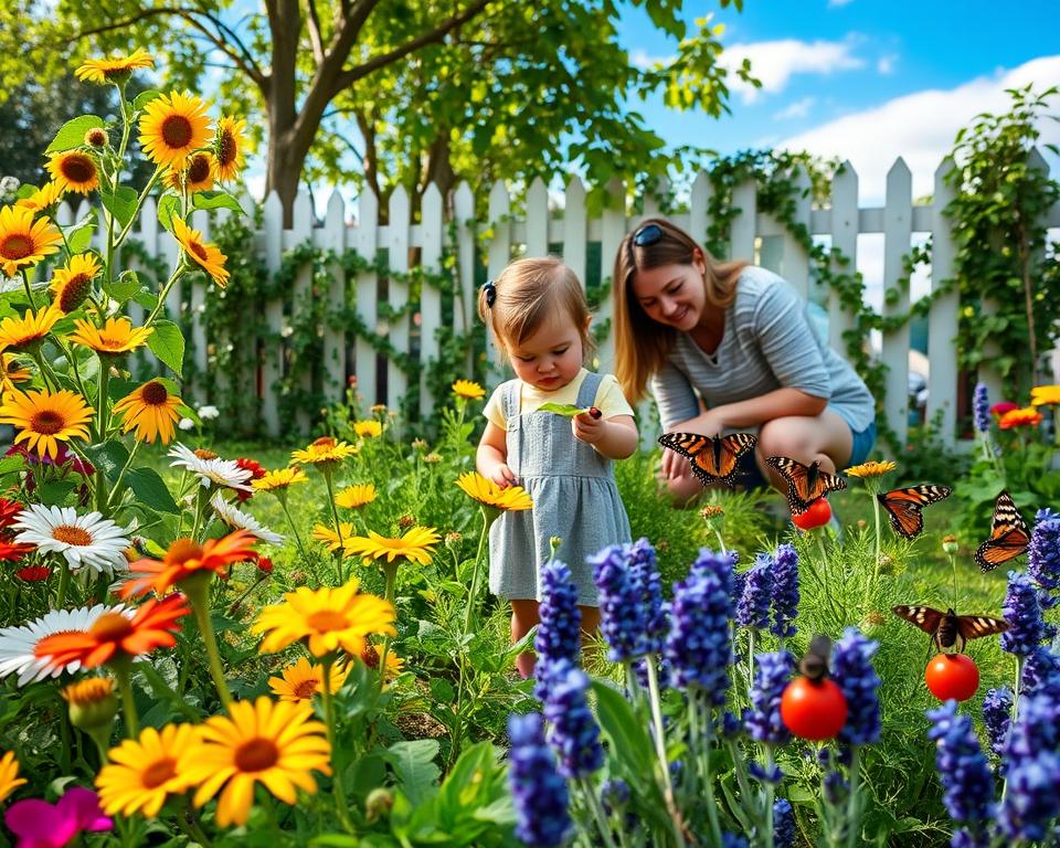 A vibrant and lush insect-friendly garden in a family setting. In the foreground, colorful flowers like daisies, sunflowers, and lavender attract butterflies and bees. A well-maintained vegetable patch with tomatoes and carrots adds a touch of homegrown charm. In the middle, a small child in modest casual clothing examines a ladybug on a leaf, while a parent kneels nearby, tending to the plants. The background features a picket fence adorned with climbing vines and a clear blue sky overhead, dappled with soft sunlight filtering through the leaves. The overall atmosphere is warm, inviting, and filled with the sounds of nature, promoting harmony between family life and wildlife.