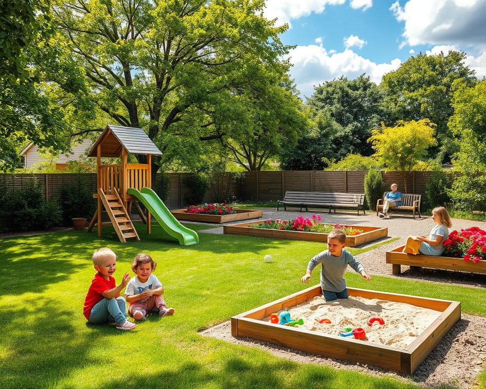 A vibrant garden play area designed for families, featuring a wooden climbing frame, a colorful slide, and a sandbox filled with toys. In the foreground, a grassy patch with children playing together, sporting modest, casual clothing, laughing and engaging in creative play. The middle ground showcases well-organized flower beds and strategically placed seating, with parents relaxing on a bench, watching their kids. In the background, lush trees provide shade, while a blue sky with fluffy clouds enhances the cheerful atmosphere. Soft sunlight filters through the leaves, creating a warm and inviting ambiance. The composition captures a harmonious blend of nature and playfulness, emphasizing a robust and natural design.