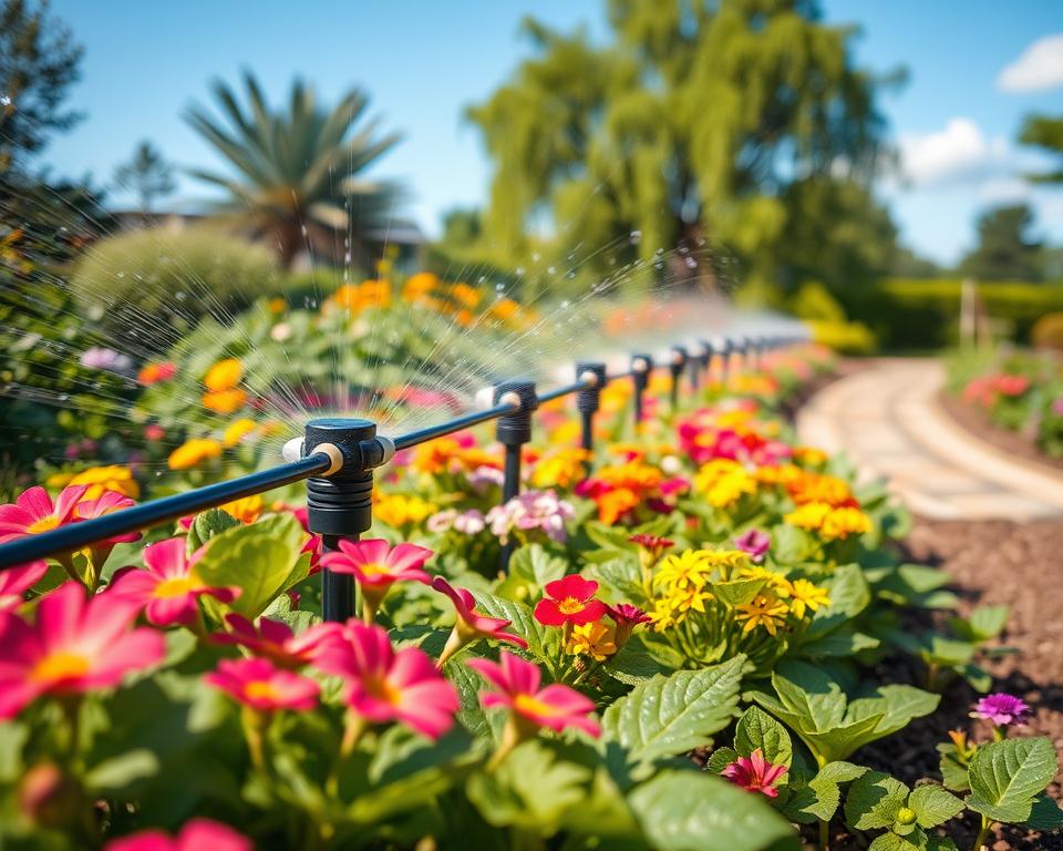 A vibrant garden scene showcasing an automated irrigation system in action. In the foreground, an array of colorful flowers and leafy plants are flourishing, their foliage glistening with droplets of water from the sprinkler system. The middle ground features a modern, innovative irrigation setup with flexible hoses and strategically placed drip emitters, conveying efficiency and water conservation. The background is a sunny day with a clear blue sky, lush green trees, and a garden path, enhancing the sense of tranquility and wellness. Soft, natural lighting casts warm tones across the scene, while a slightly elevated angle provides a comprehensive view of the garden's layout, inviting the viewer to appreciate the ease of garden maintenance with this automated system. The overall mood evokes serenity and sustainability, perfect for a low-maintenance garden concept.